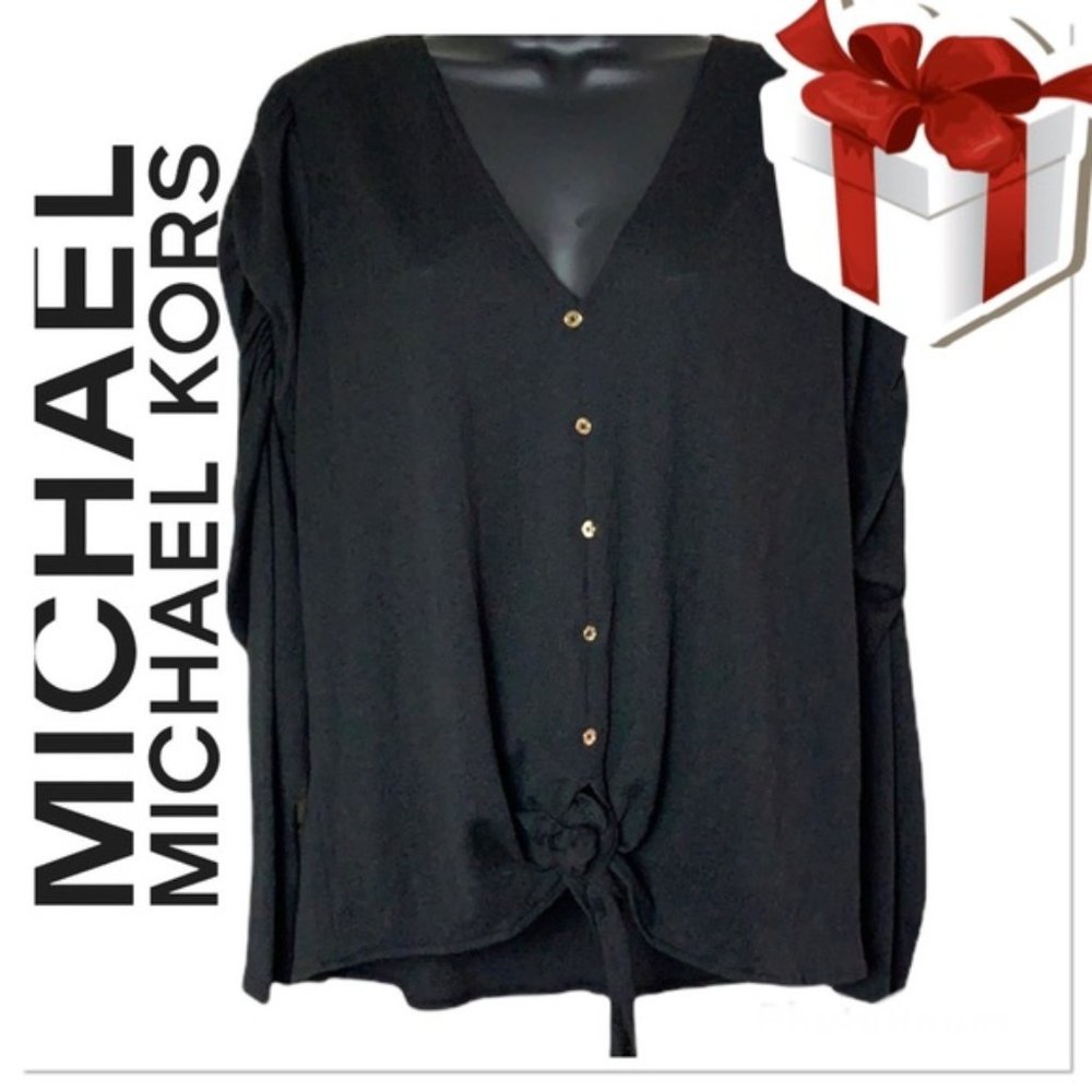 Michael Michael Kors black long sleeve v-neck button up blouse size XL